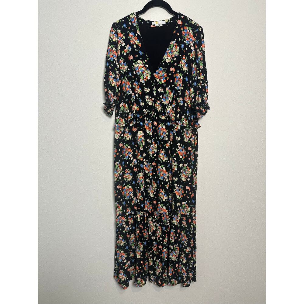 Boden Floral Midi Tea Tiered Dress Boho Short Sleeve Black Size 12